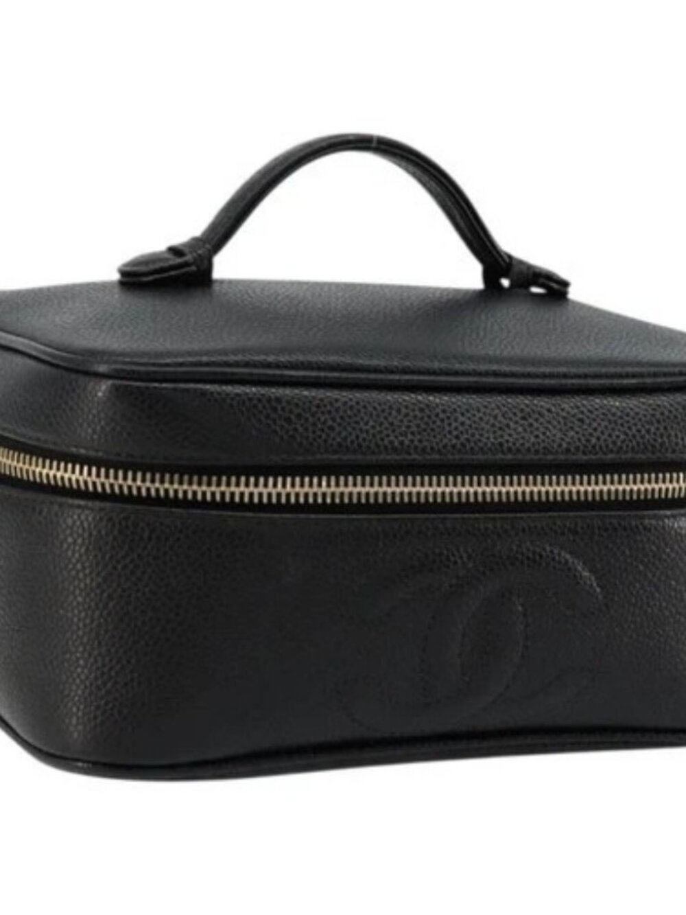 CHANEL Vanity Pouch Grained Calf Skin Black Gold CC Auth bs34489